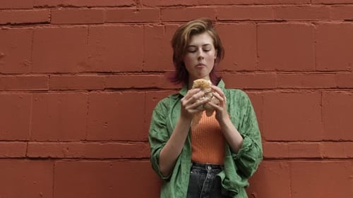 Street Food Concept Beautiful Young Woman Enjoying Burger Outdoors
