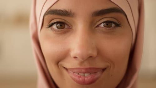 Portrait Extreme Close Up Face Smiling Beautiful Eastern Woman Islamic Girl in Hijab Muslim Female