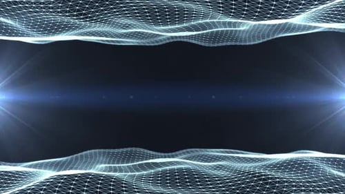 Une onde lumineuse abstraite provenant de particules et de points se déplace sur un fond bleu, visualisation de données volumineuses