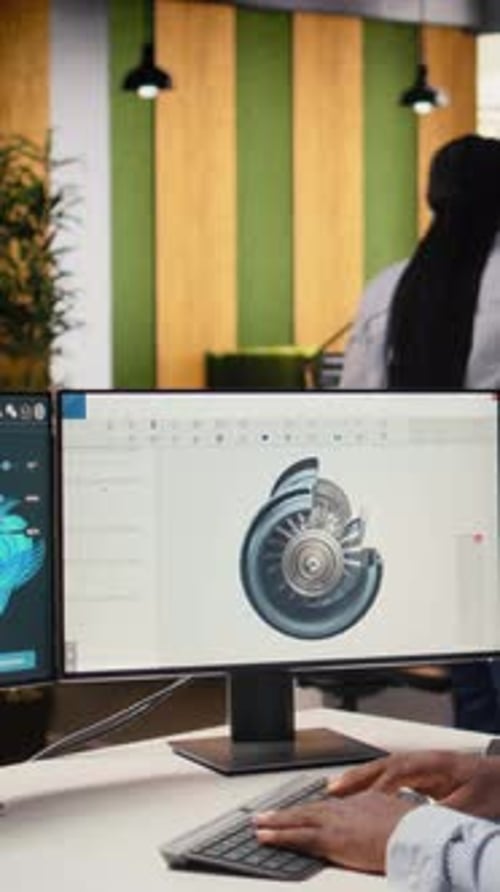 Engineer in Office Working on Wind Turbine Component CAD Design