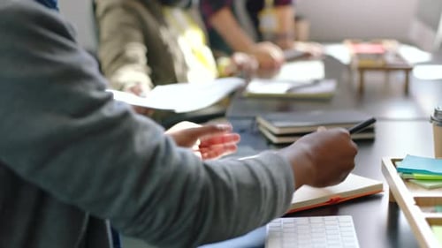 Planning, notebook and paperwork businessman in office and employee for collaboration