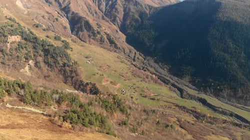Flying through the mountains looking down at a green valley with livestock and trees on a sunny day
