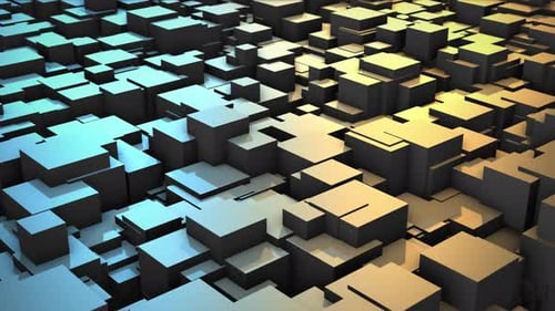 Fundo abstrato com campo em movimento aleatório de blocos tridimensionais com luz realista