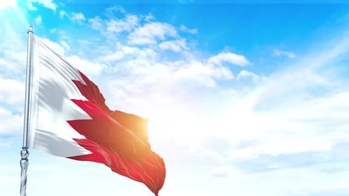 Realistic Bahrain Flag Waving Against Blue Sky and Sun Flare