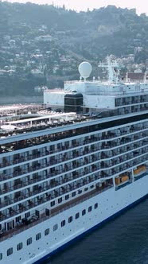 Vertical Video Big White Cruise Ship is Standing in the Port
