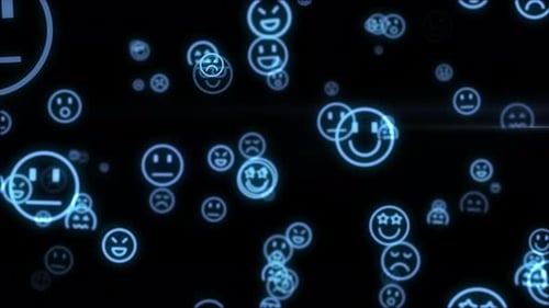 Slow, smooth animation of glowing blue emoticons floating in digital space.