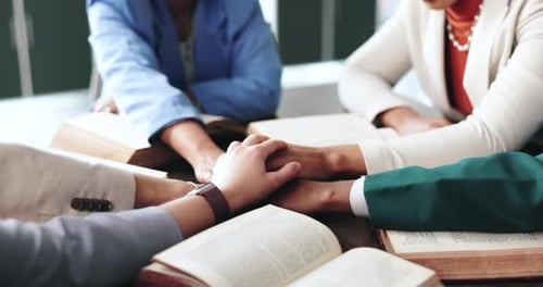 Holding hands, bible study and prayer group with worship, religion and believe with guidance