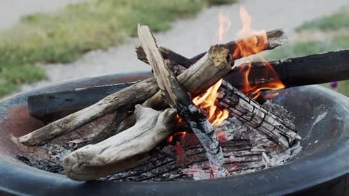 Handheld small fire building outdoors in the summer in slow motion
