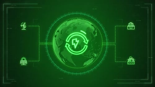HD Animated Renewable Energy Icons Around Digital Earth Globe – Green Technology Background