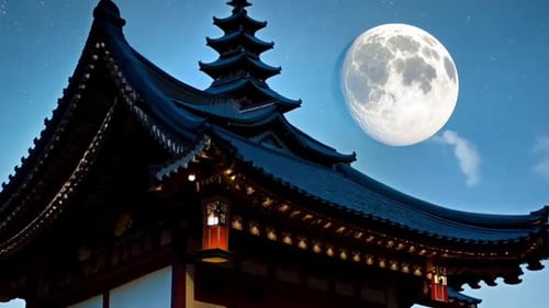 Japanese Temple At Night With Moon And Stars