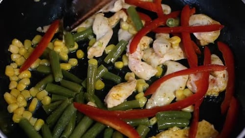 Slow Motion Chef Cooking Hot Wok with Chicken and Vegetables