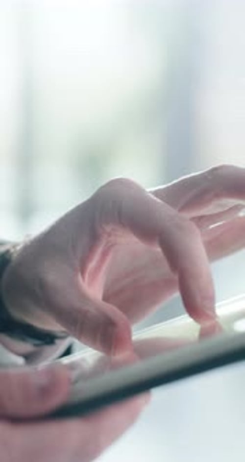 Tablet, swipe and hands of businessman in office with research for finance report with budget