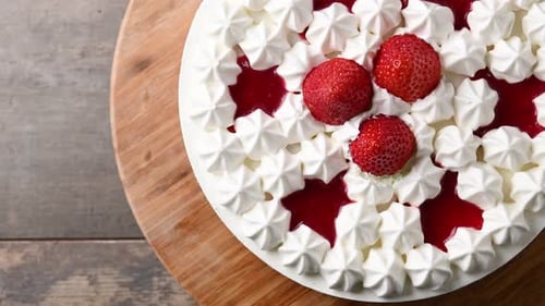 Delicious Strawberry Cake with Cream Topping Overhead Shot