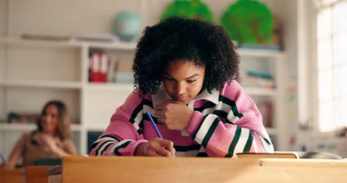 School, university and girl in classroom writing for exam, test and quiz in lesson