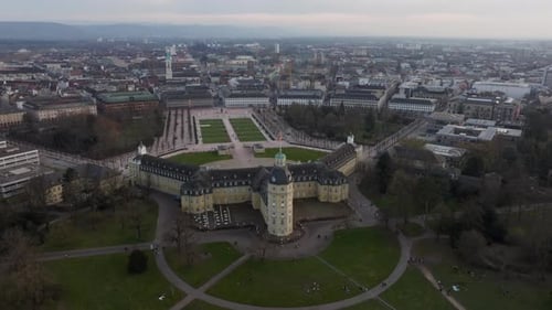 Aerial Footage Capturing Impressive Karlsruhe Palace Stunning Gardens and Cityscape That Surrounds