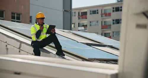 Solar panel, radio and man with tablet for clean energy, inspection or service on grid system