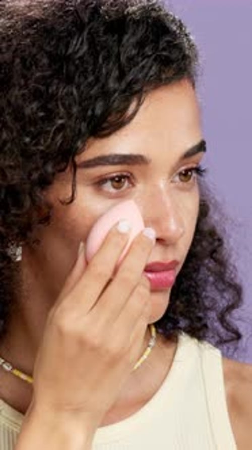 Beauty, makeup and woman with sponge, studio and foundation application with equipment or self care