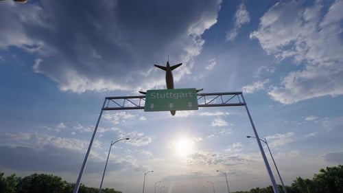 Stuttgart City Road Sign - Airplane Arriving To Stuttgart Airport Travelling To Germany