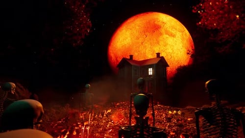 Eerie Halloween Night with Skeletons, Haunted House and Blood Moon