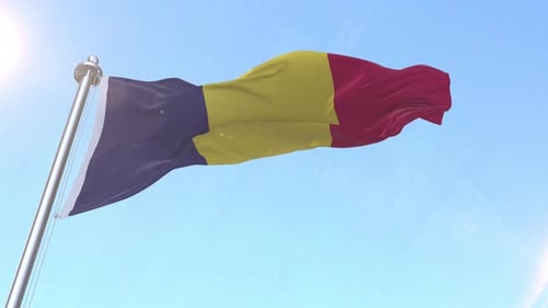 Realistic Romanian Flag Waving Against Blue Sky