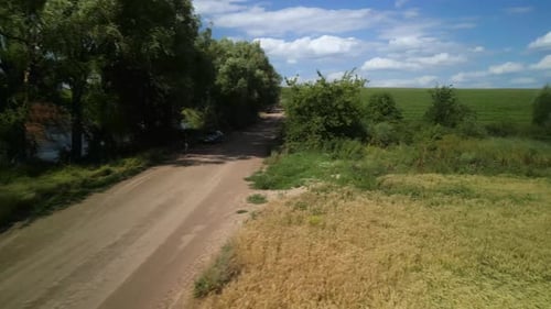 See in der Nähe des grünen Maisfeldes in der Ukraine Luftaufnahme von Ackerland