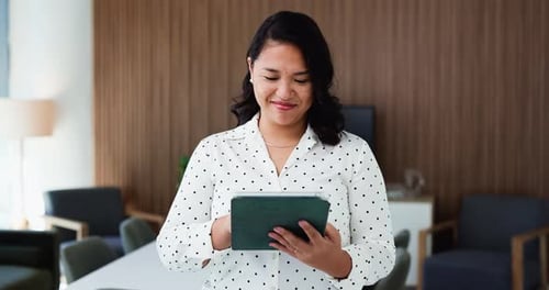 Woman, tablet and happy at office for review, insight or project proposal at insurance company