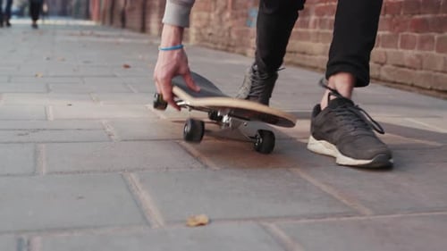 Paris France April 5 2018 Low Angle Shot Young Male Teenager Skateboarding Then Picking Up the