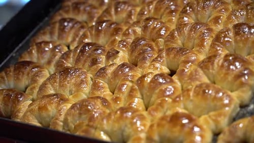 Mini Croissants Pastries on the Counter of a Pastry Shop and a Bakery