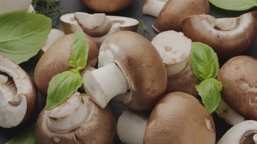 Champignons royaux mûrs avec tranches de champignons et feuilles de basilic.