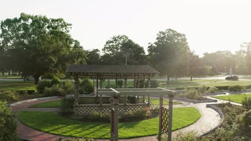 Panoramic aerial view of the rose garden in Roger Williams Park