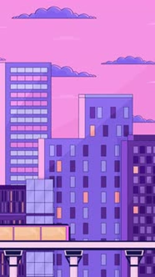 Maglev train passing through modern cityscape at sunset lofi vertical animation