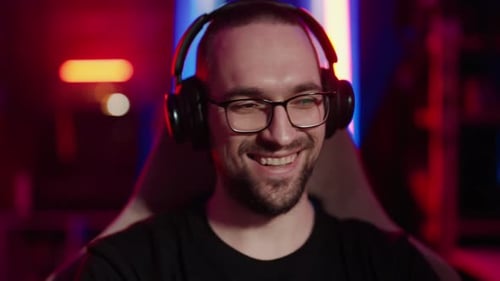 Man Gamer Playing Virtual Video Games Close Up Smiling Gamer Designer Sitting at Computer Monitor