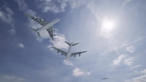 Viele Flugzeuge am Himmel in verschiedenen Höhen und Niveaus, die in einem bewölkten Himmel fliegen