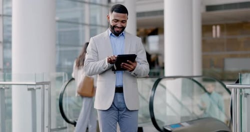 Tablet, man smile and consultant in office lobby for business research, social media