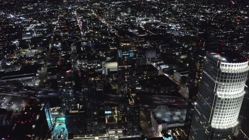 Downtown Los Angeles CA USA Traffic and Buildings at Night, Aerial View