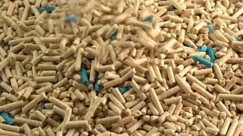 Organic wooden pellets biomass biofuel pouring. Bio fuel for renewable alternative energy. Pressed