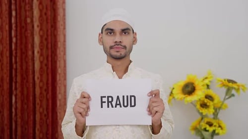 Muslim Man Holding Fraud Poster