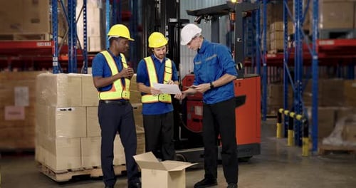 Warehouse supervisor in blue uniform coordinating with multicultural team around forklift during
