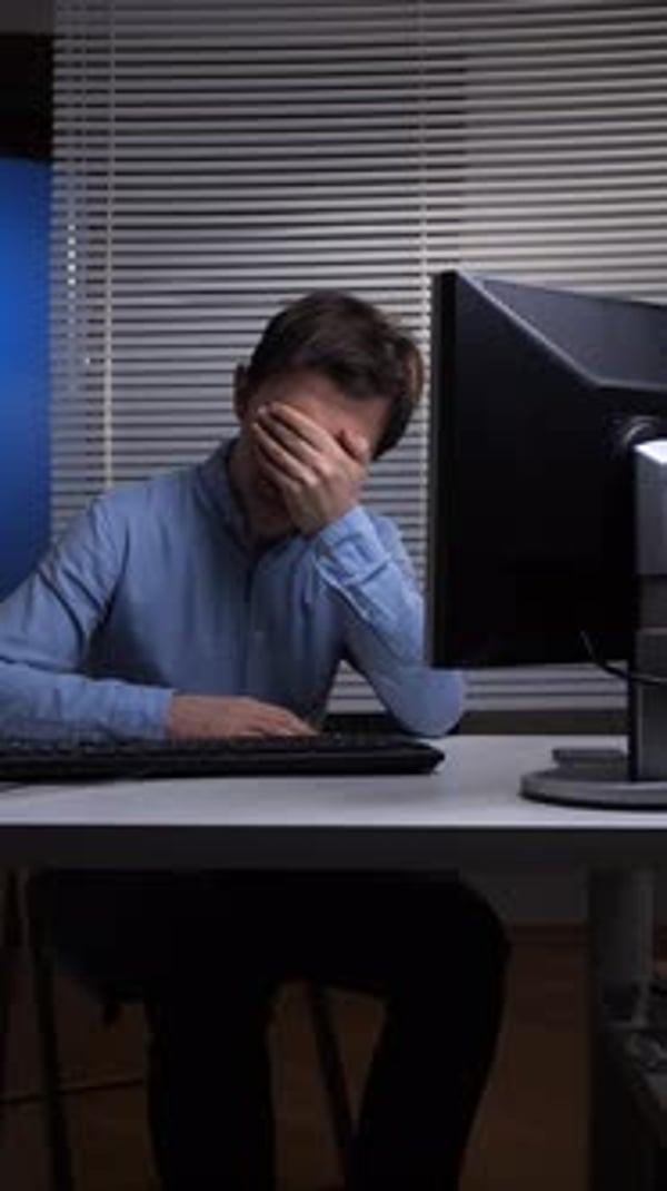 Overworked Man with Headache at Computer Late at Night, People Stock ...