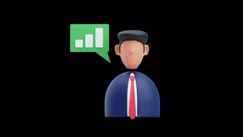 3D Business Character with Animated Bar Chart Speech Bubble