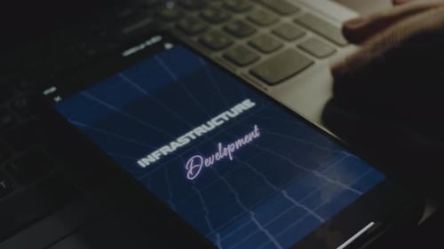 Infrastructure Development Inscription on Smartphone Screen Construction Concept Male Hand Flapping