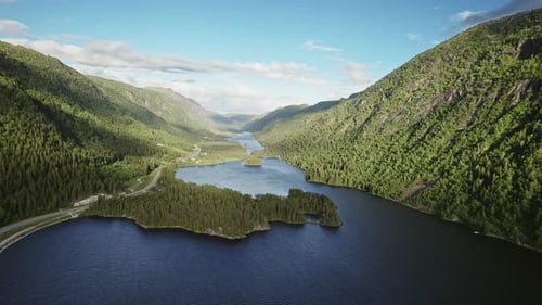 Drone View Of Lush Forest Mountains And River In Norway