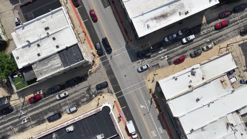 Traffic in small town topdown drone shot