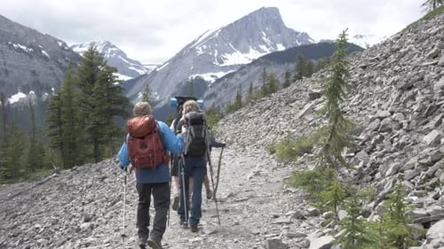 Friends hiking on rocky mountain trail embracing freedom together in summer