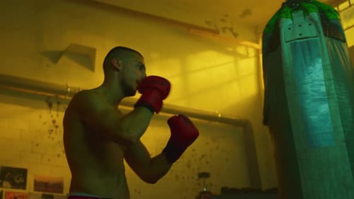 A boxer practices punches in a dimly lit gym setting