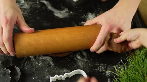 Family preparing gingerbread cookies for christmas holidays, holding a rolling pin