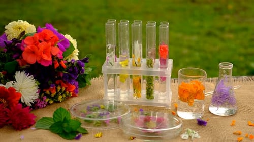 Flowers and Test Tubes for Perfume Making Selective Focus