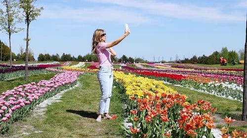 Woman Taking Selfie in Colorful Tulip Field