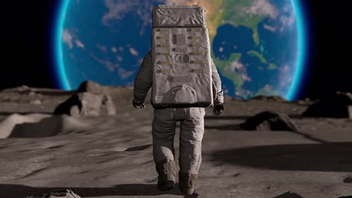 Astronaut Walking on Moon with Distant Earth Glow