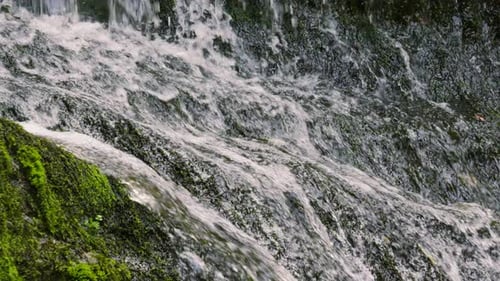 River Water Flowing Down and Cascading Across Mossy Rocks in Slow Motion